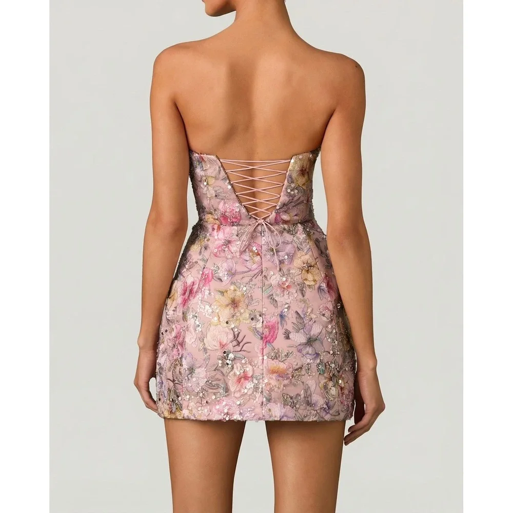Oh Polly Floral Embroidered Sequin Mini Dress Strapless Lace Up Back Pink US 10 - Picture 2 of 10